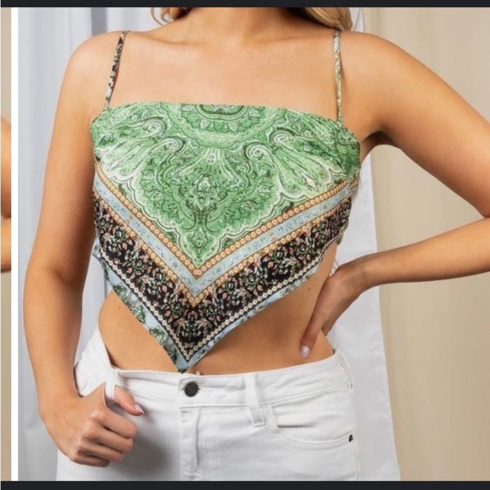 Cloud Ten Satin Bandana Top : Meet Me in Greece / Green Fabrik NWT
